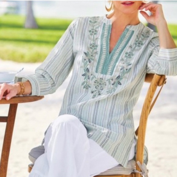 Soft Surroundings Tops - Soft Surroundings Embelia Cotton Tunic Top green Multi Stripe Size Extra Large